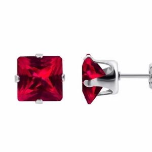 💗 Hypoallergenic Red Cubic Zirconia Princess Cut 8mm Earrings